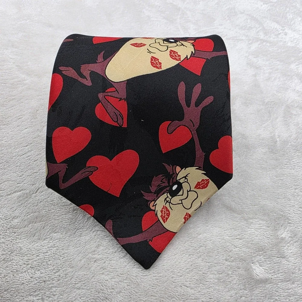 Vintage Looney Tunes Taz Tie‎ Mens One Size Black Red Hearts 90s Valentines